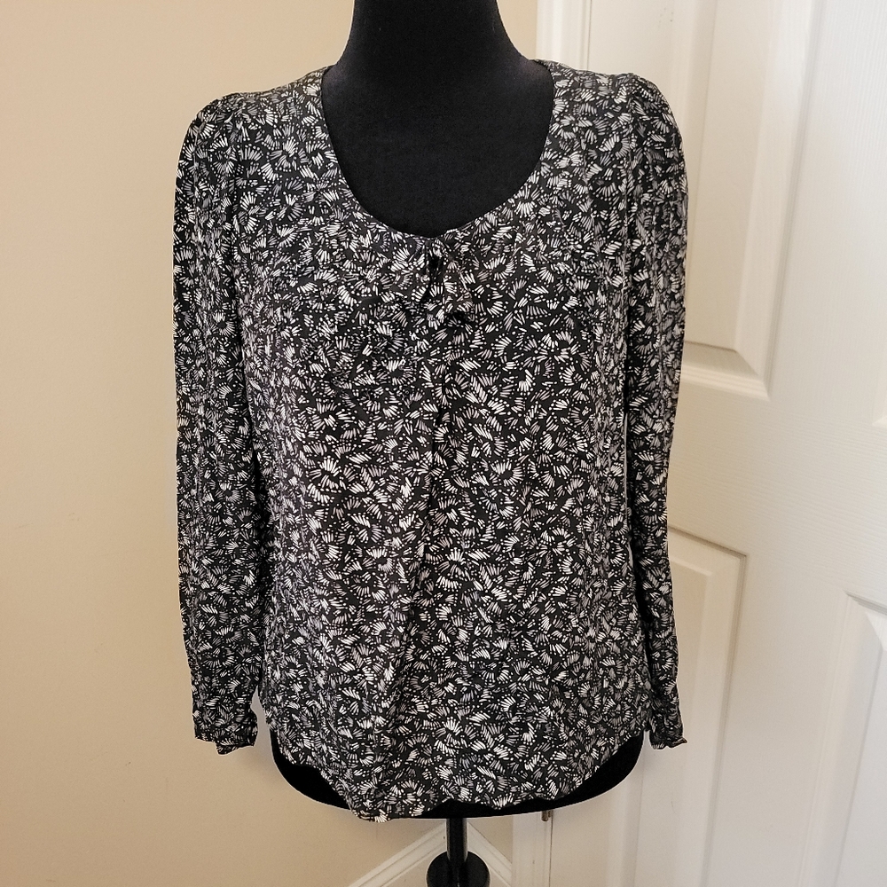 Gerard Darel Black, Gray, White Print Silk Long Sleeve Blouse Size 38 (US 6)